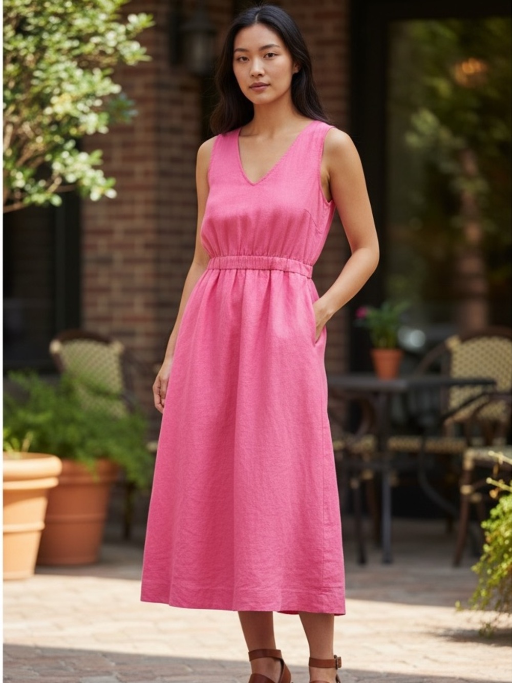 Joie 100% Linen Sleeveless V-Neck Midi Dress Pockets Vibrant Pink Color Size 4
